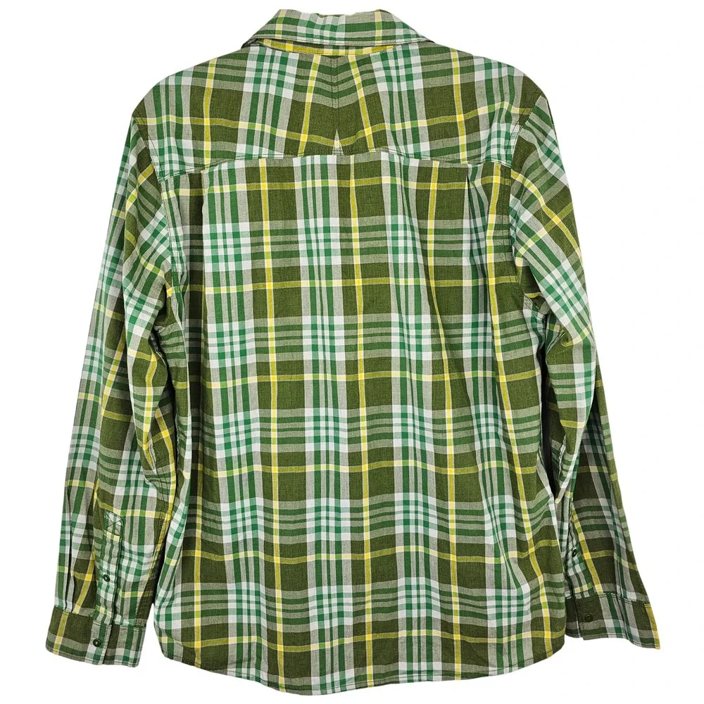The North Face Mens Plaid Long Sleeve Snap Front Shirt Green White Yellow Medium
